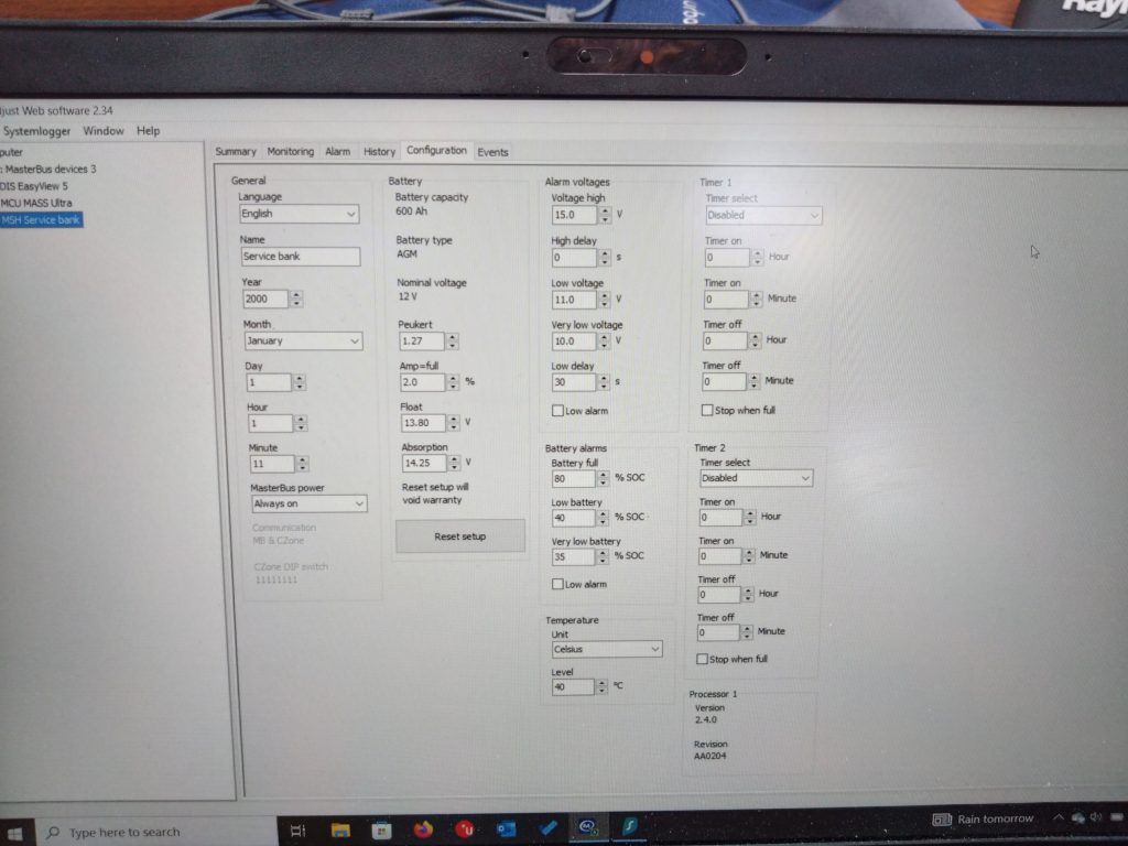 MasterAdjust software screen shot showing configuration window.